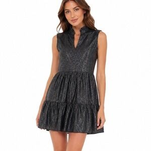 Anthropologie Fate Metallic Grid Ruffle Neck Tiered Mini Dress Black Silver Sz S